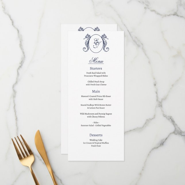Nautical Oceanic classic navy blue Wedding Menu (Front/Back In Situ)