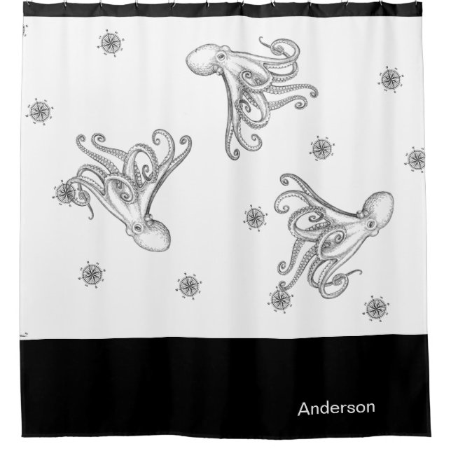  Nautical Octopus Bathroom Ocean Black  White      (Front)