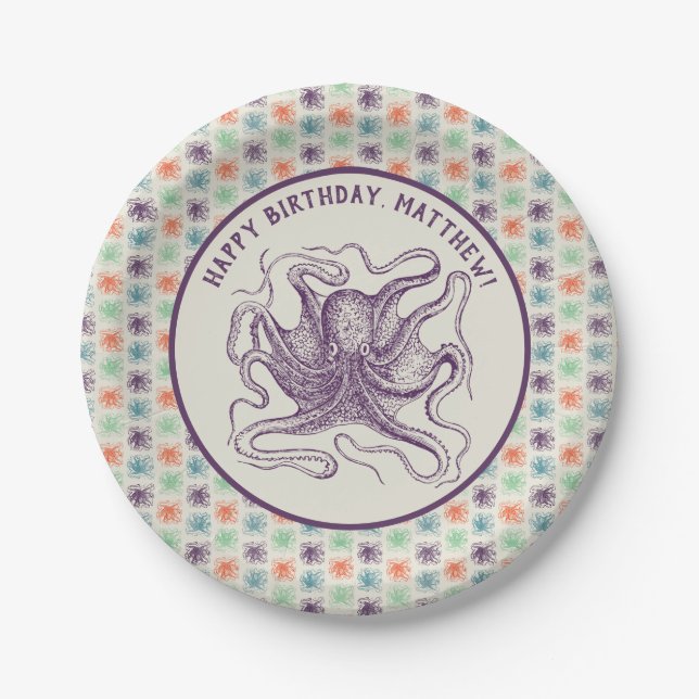 Nautical Octopus Personalized Birthday Party Paper Plate (Front)
