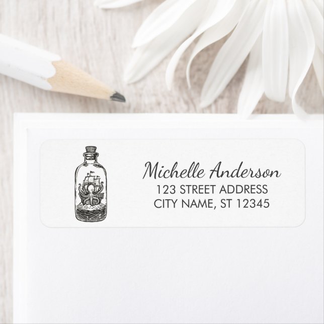 Nautical Octopus Ship in a Bottle Return Address  (Insitu)