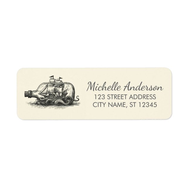 Nautical Octopus Ship in a Bottle Return Address (Front)