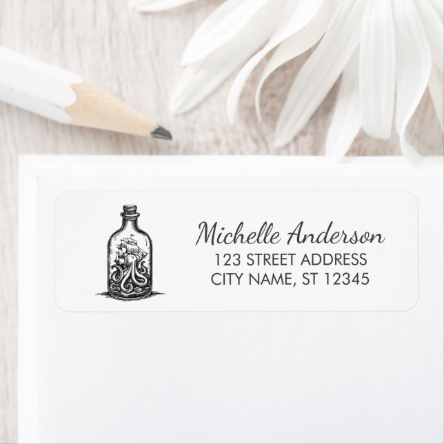 Nautical Octopus Ship in a Bottle Return Address  (Insitu)