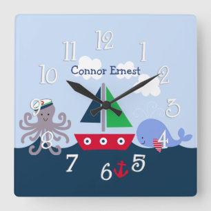 Nautical Octopus, Whale, Sealife Nursery Clock