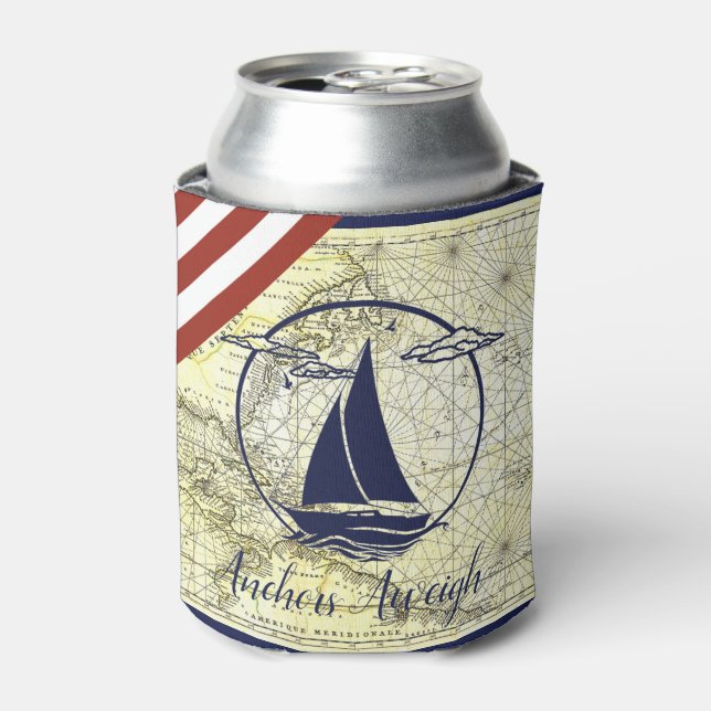 Nautical old map/boat/silhouette/anchors aweigh can cooler (Can Front)