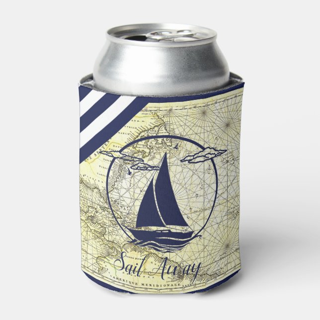 Nautical old map/boat/silhouette/sail away/navy can cooler (Can Front)