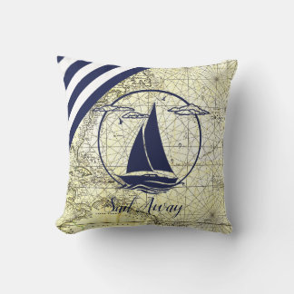 Nautical old map/boat/silhouette/sail away/navy throw pillow