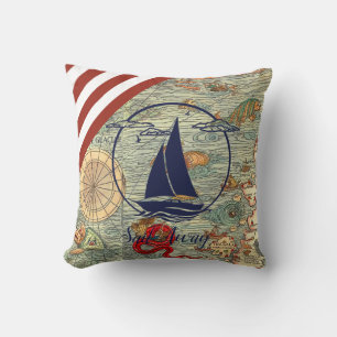 Nautical old map/boat/silhouette/sail away/navy throw pillow