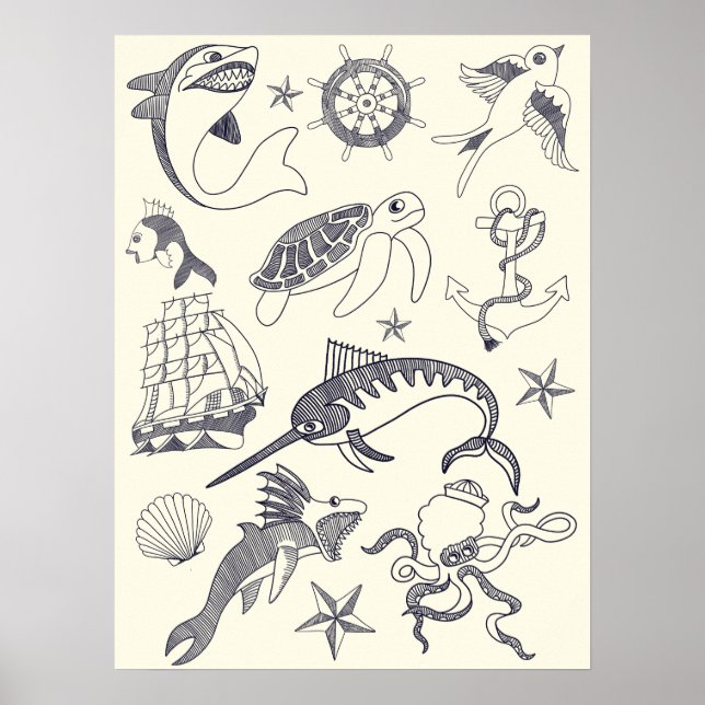 Nautical Old Sailor Tattoos Collage Poster (Front)