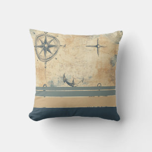 Nautical Old World Map With Blue Stripes Throw Pillow