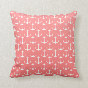 Nautical Ombre Coral Pink  White Anchor Pattern Throw Pillow