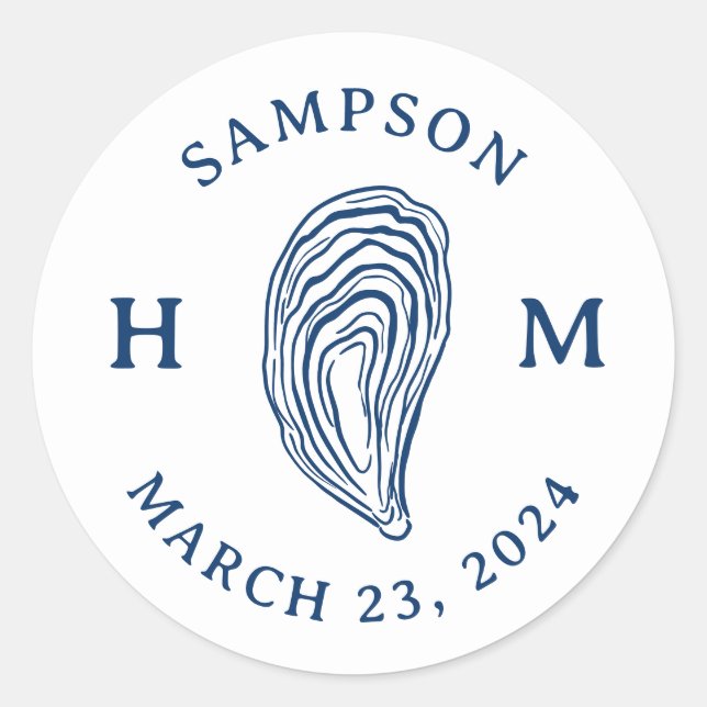 Nautical Oyster Shell Monogram with Name Date Classic Round Sticker (Front)