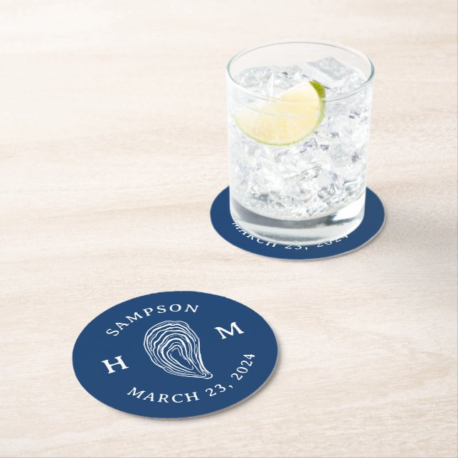Nautical Oyster Shell Monogram with Name Date Round Paper Coaster (Insitu)