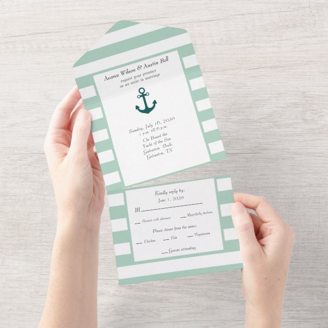 Nautical Pastel Green and White Stripes  All In One Invitation (Tearaway)
