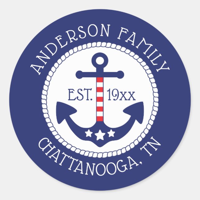 Nautical Patriotic Anchor Family Name Classic Round Sticker (Front)