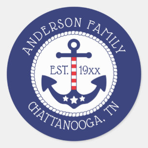 Nautical Patriotic Anchor Family Name Classic Round Sticker