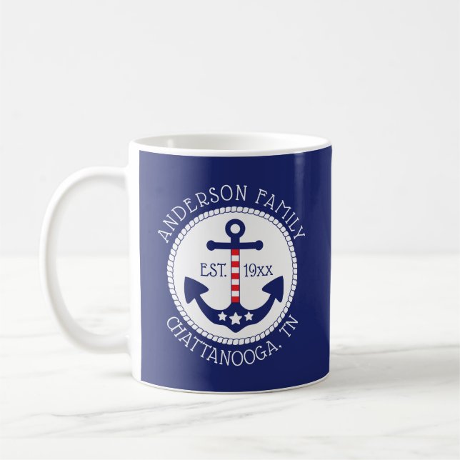 Nautical Patriotic Anchor Family Name Navy Blue Coffee Mug (Left)