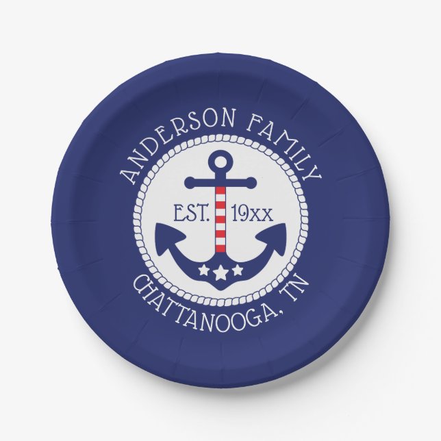 Nautical Patriotic Anchor Family Name Paper Plate (Front)