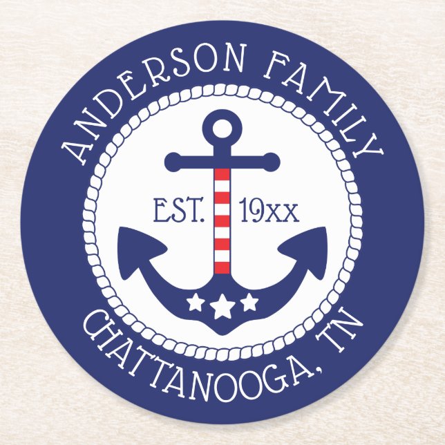 Nautical Patriotic Anchor Family Name Round Paper Coaster (Front)