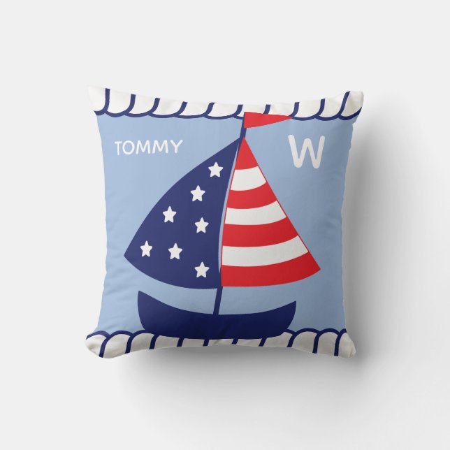 Nautical Patriotic Sailboat with Birth Stats Throw Pillow (Front)