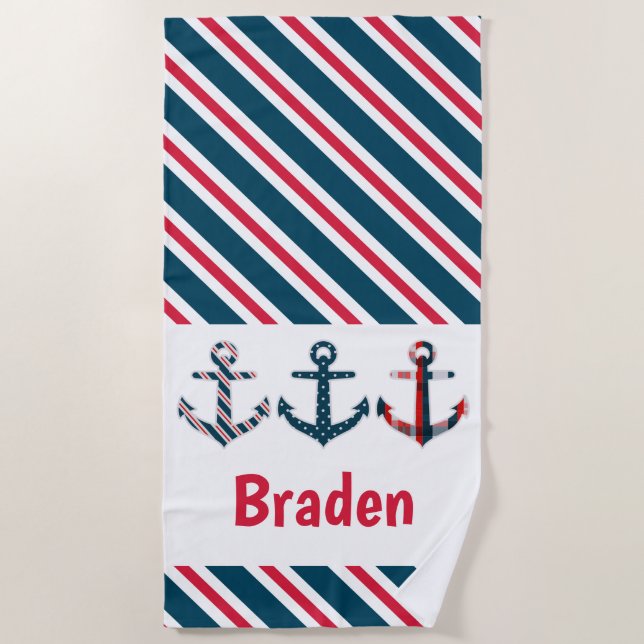 Nautical Pattern Anchors Personalized Beach Towel (Front)