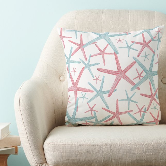 Nautical Pattern Beach House Throw Pillow (Teal Pink Nautical Starfish Pattern Beach House Throw Pillow)