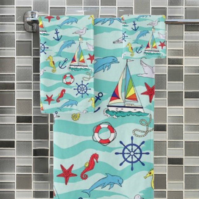 Nautical Pattern Boats Ship Wheel Anchor Dolphin Bath Towel Set (Creator Uploaded)