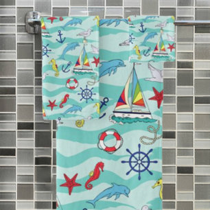 Nautical Pattern Boats Ship Wheel Anchor Dolphin Bath Towel Set