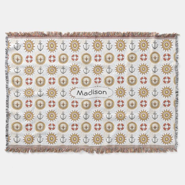 Nautical Pattern custom name throw blanket (Front)