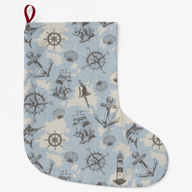 Nautical Pattern Large Christmas Stocking (Front)