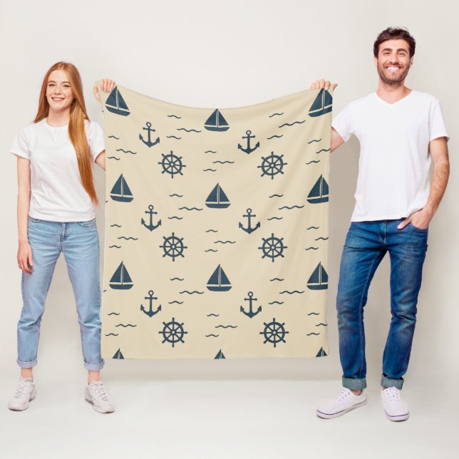 Nautical Pattern with Anchor Sailboat Compass Fleece Blanket (In Situ)