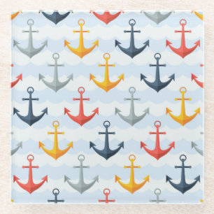 Nautical Pattern with Anchors Glass Coaster