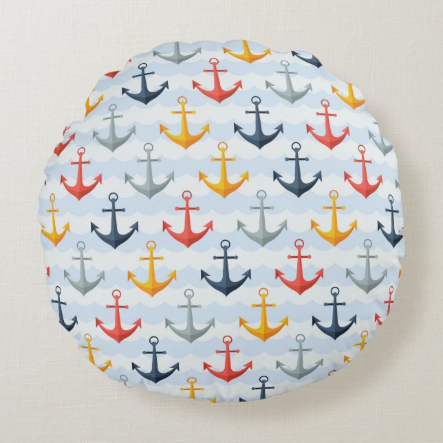 Nautical Pattern with Anchors Round Pillow (Front)