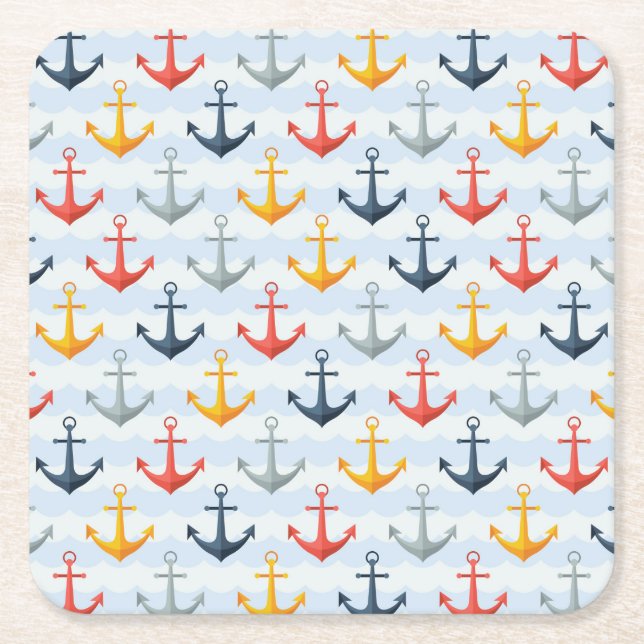 Nautical Pattern with Anchors Square Paper Coaster (Front)