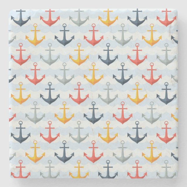 Nautical Pattern with Anchors Stone Coaster (Front)