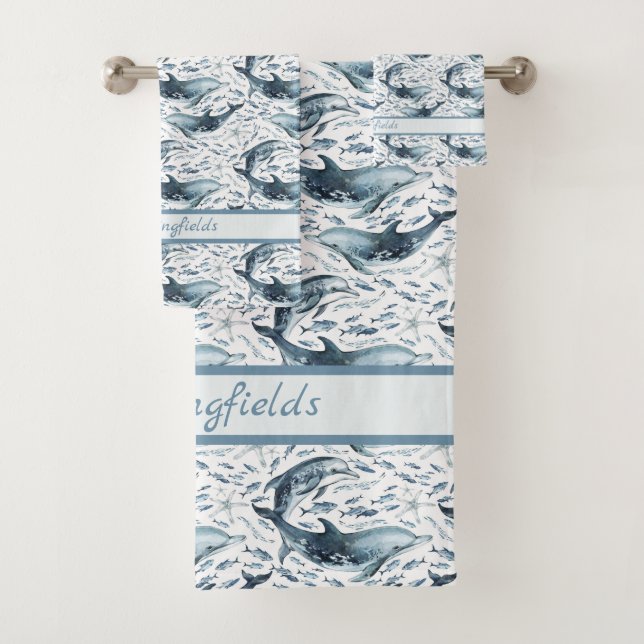 Nautical Pattern with Dolphins and Fishes  Bath Towel Set (Insitu)