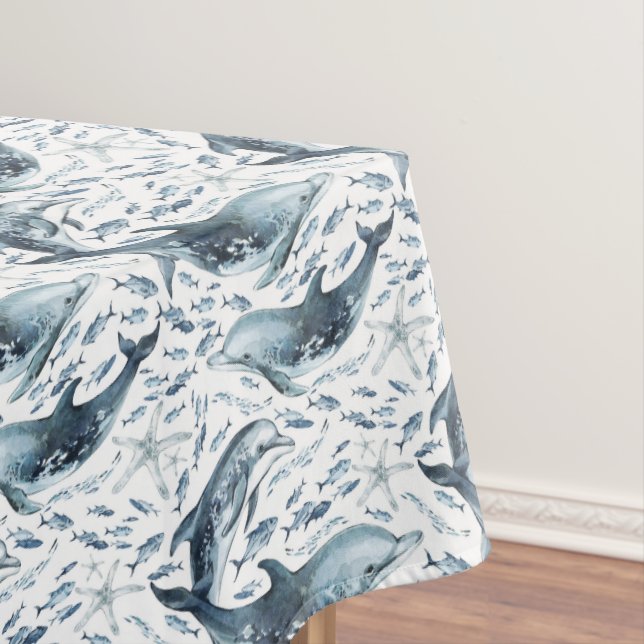 Nautical Pattern with Dolphins and Fishes Tablecloth (In Situ)
