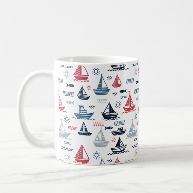 Nautical Pattern with Sailboats and Fish Coffee Mug (Left)