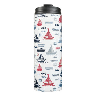 Nautical Pattern with Sailboats and Fish Thermal Tumbler