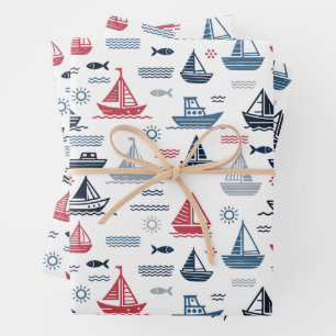 Nautical Pattern with Sailboats and Fish Wrapping Paper Sheet