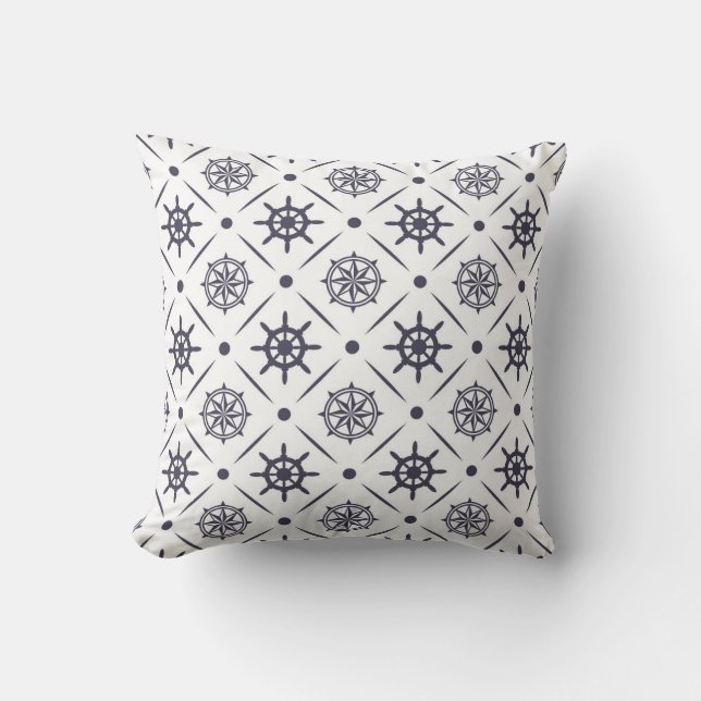 Nautical pattern with sailing wheel and compass throw pillow (Front)