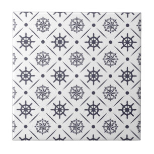 Nautical pattern with sailing wheel and compass tile