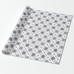 Nautical pattern with sailing wheel and compass wrapping paper