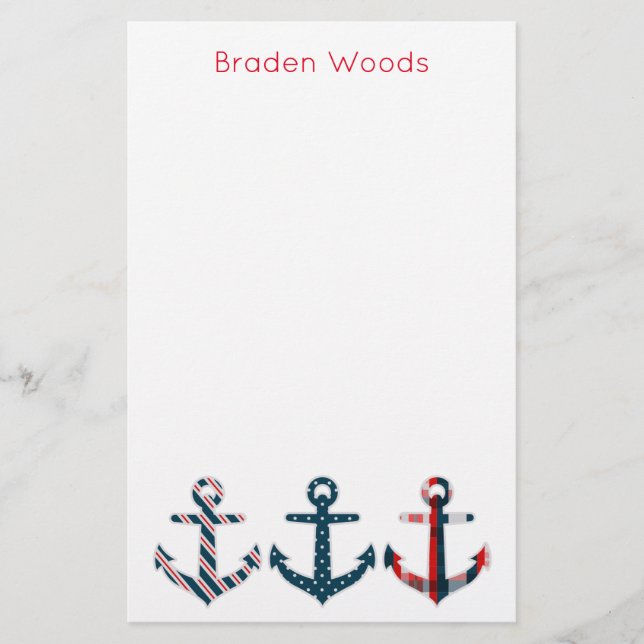 Nautical Patterned Anchors Personalized Stationery (Front)