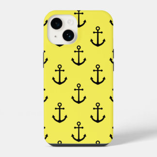 Nautical Patterned Black Anchor Yellow Background iPhone 14 Case