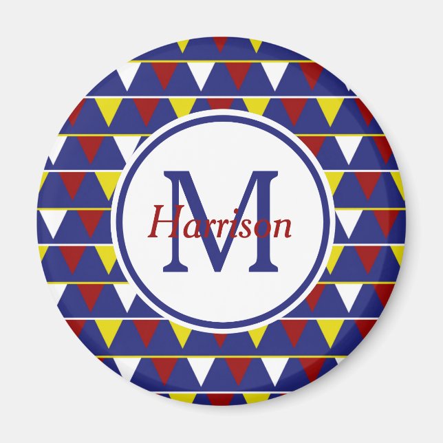 Nautical Pennants on Blue Monogram Magnet (Front)