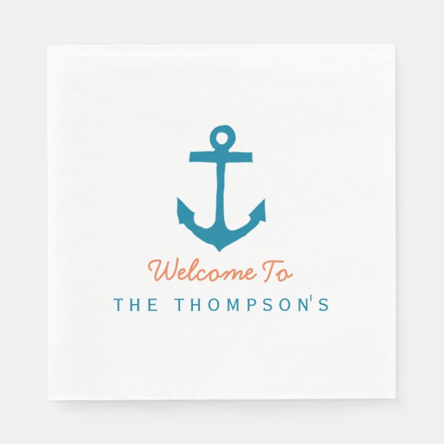 Nautical Personalized Aqua and Orange Napkin (Front)