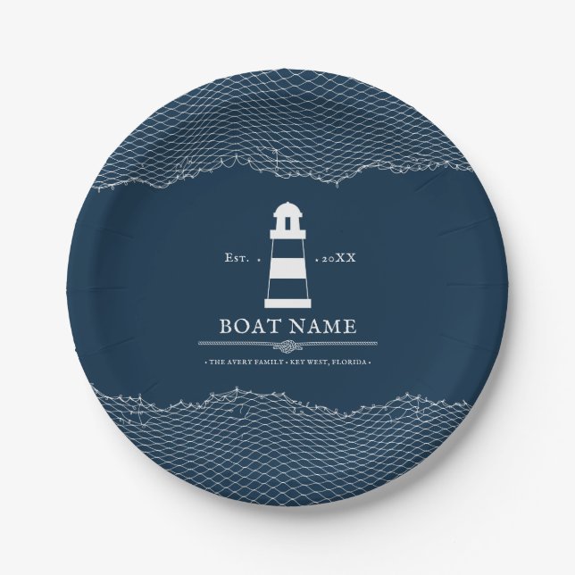 Nautical Personalized Blue lighthouse Boat Name  Paper Plate (Front)