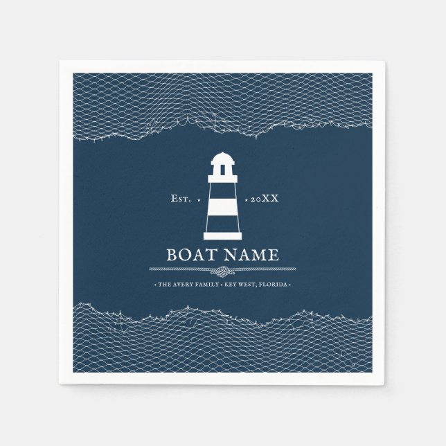 Nautical Personalized Blue lighthouse Boat  Napkin (Front)