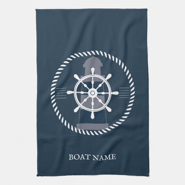 Nautical personalized Boat Name Navy Blue Kitchen Towel (Vertical)