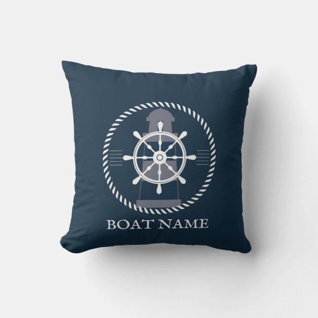 Nautical Personalized Boat Name Navy Blue Throw Pillow (Front)